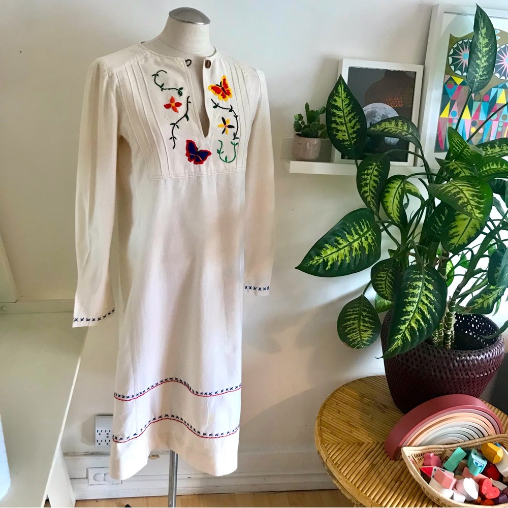 Vintage 1970s Cream Cotton Embroidered Tunic/Dress, Butterflies, Small